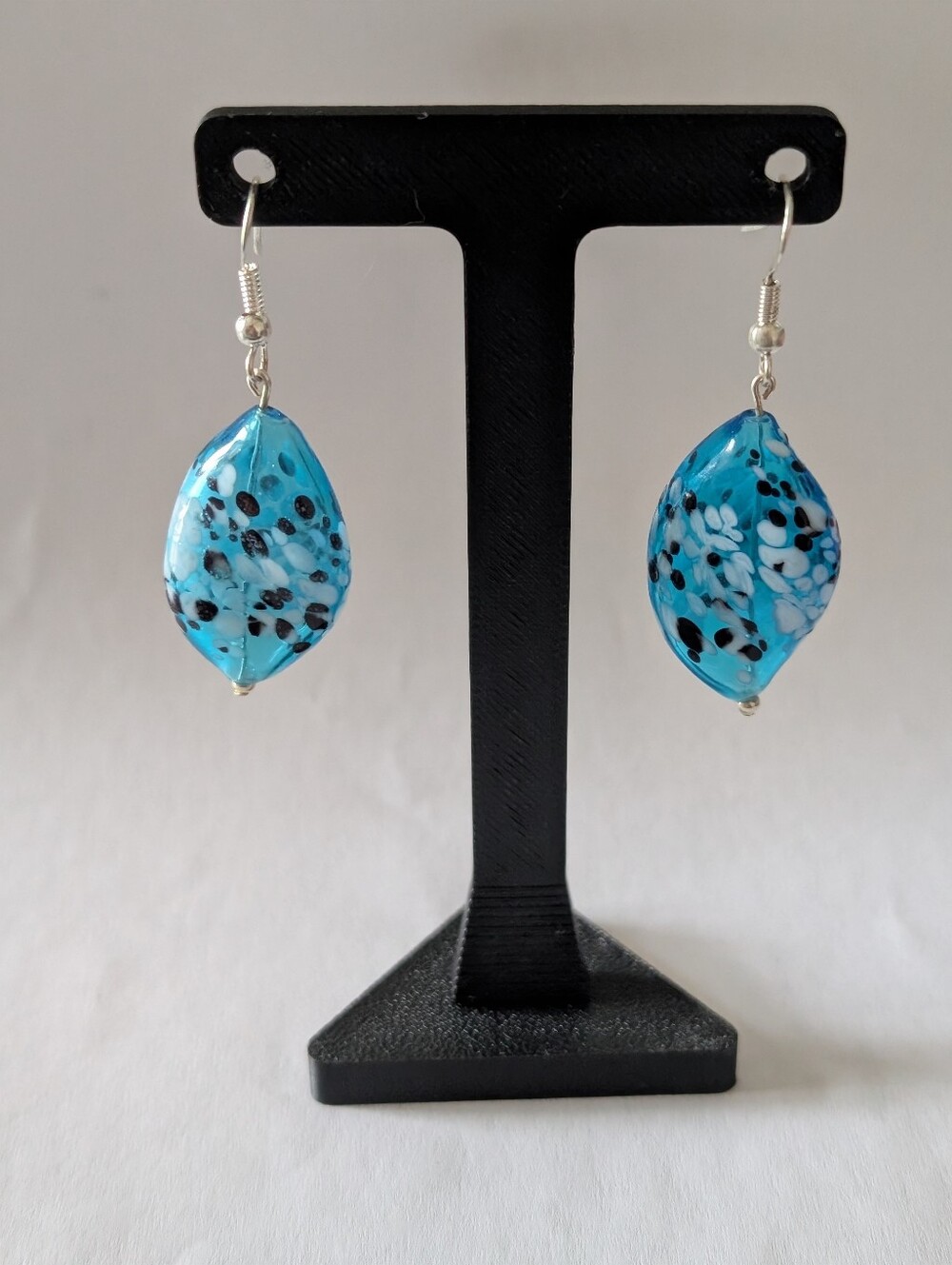 Blue Art Glass Bead Earrings • 925 Sterling Silver Hooks • Handmade